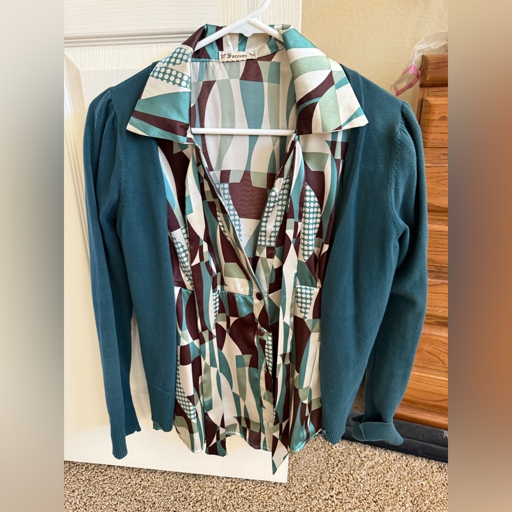 Forever 21 Teal and Brown Geometric Blouse